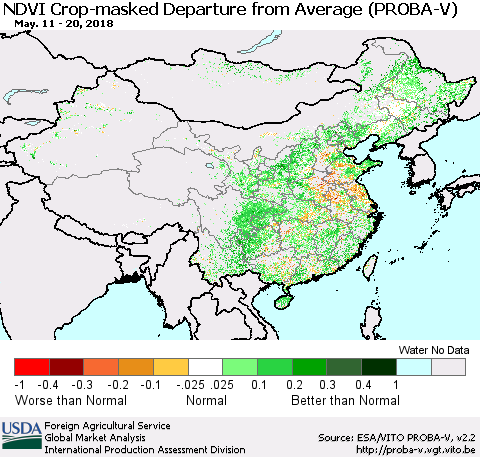 China, Mongolia and Taiwan NDVI Crop-masked Departure from Average (PROBA-V) Thematic Map For 5/11/2018 - 5/20/2018