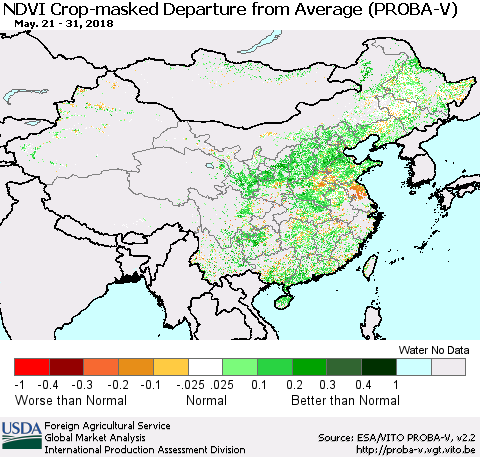 China, Mongolia and Taiwan NDVI Crop-masked Departure from Average (PROBA-V) Thematic Map For 5/21/2018 - 5/31/2018