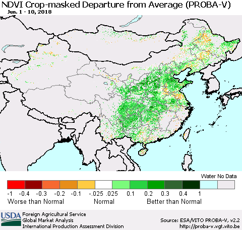 China, Mongolia and Taiwan NDVI Crop-masked Departure from Average (PROBA-V) Thematic Map For 6/1/2018 - 6/10/2018