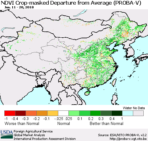 China, Mongolia and Taiwan NDVI Crop-masked Departure from Average (PROBA-V) Thematic Map For 6/11/2018 - 6/20/2018