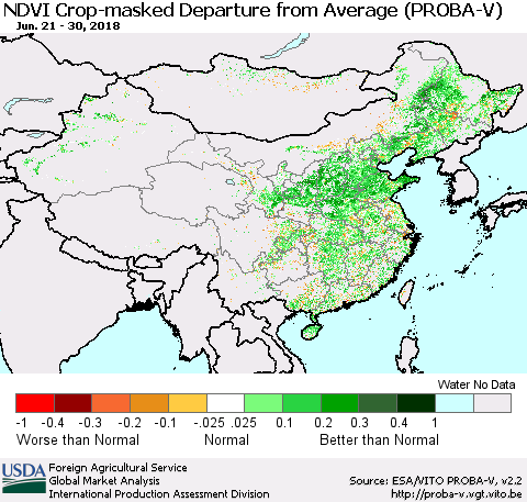 China, Mongolia and Taiwan NDVI Crop-masked Departure from Average (PROBA-V) Thematic Map For 6/21/2018 - 6/30/2018