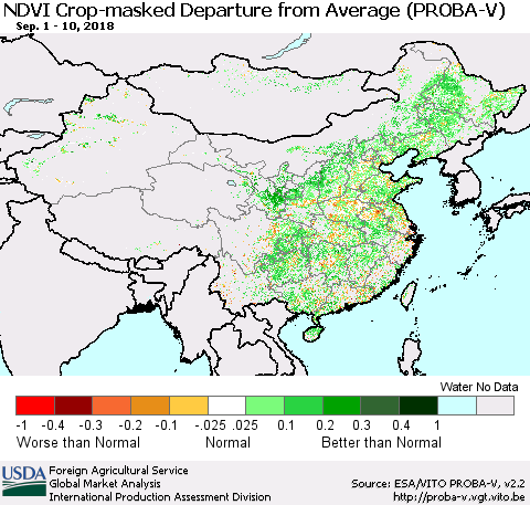 China, Mongolia and Taiwan NDVI Crop-masked Departure from Average (PROBA-V) Thematic Map For 9/1/2018 - 9/10/2018