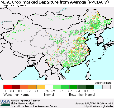 China, Mongolia and Taiwan NDVI Crop-masked Departure from Average (PROBA-V) Thematic Map For 9/11/2018 - 9/20/2018