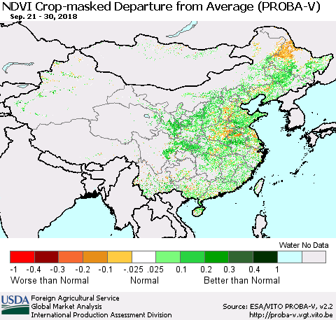 China, Mongolia and Taiwan NDVI Crop-masked Departure from Average (PROBA-V) Thematic Map For 9/21/2018 - 9/30/2018