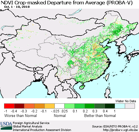 China, Mongolia and Taiwan NDVI Crop-masked Departure from Average (PROBA-V) Thematic Map For 10/1/2018 - 10/10/2018