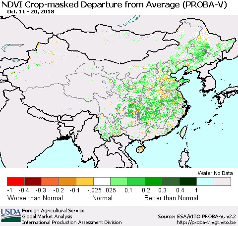 China, Mongolia and Taiwan NDVI Crop-masked Departure from Average (PROBA-V) Thematic Map For 10/11/2018 - 10/20/2018