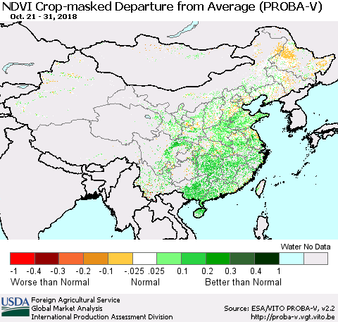 China, Mongolia and Taiwan NDVI Crop-masked Departure from Average (PROBA-V) Thematic Map For 10/21/2018 - 10/31/2018