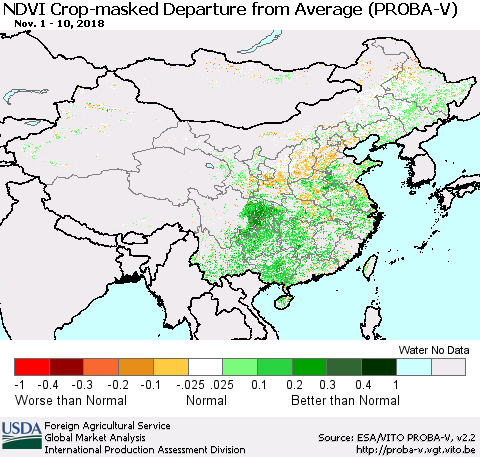 China, Mongolia and Taiwan NDVI Crop-masked Departure from Average (PROBA-V) Thematic Map For 11/1/2018 - 11/10/2018