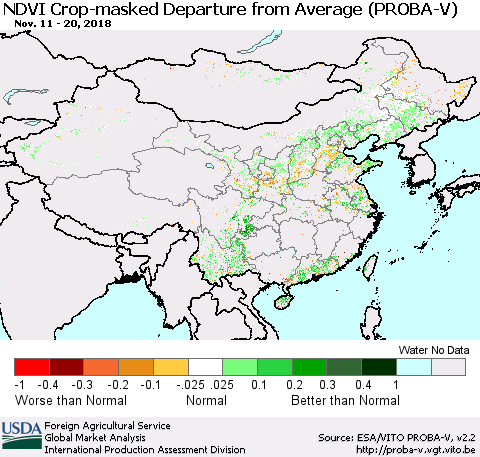 China, Mongolia and Taiwan NDVI Crop-masked Departure from Average (PROBA-V) Thematic Map For 11/11/2018 - 11/20/2018