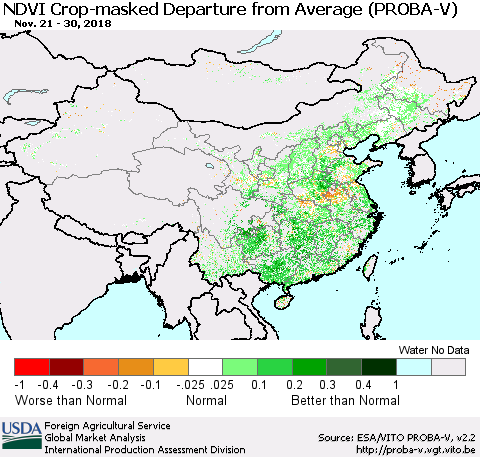 China, Mongolia and Taiwan NDVI Crop-masked Departure from Average (PROBA-V) Thematic Map For 11/21/2018 - 11/30/2018