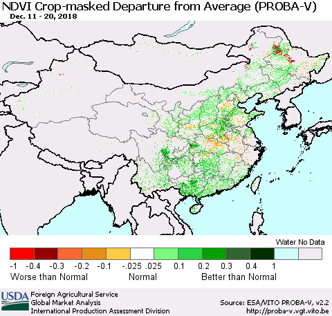 China, Mongolia and Taiwan NDVI Crop-masked Departure from Average (PROBA-V) Thematic Map For 12/11/2018 - 12/20/2018