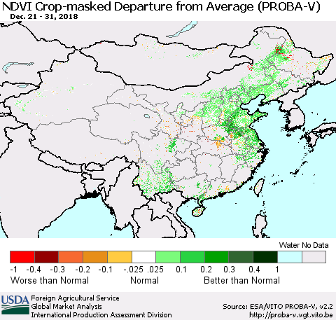 China, Mongolia and Taiwan NDVI Crop-masked Departure from Average (PROBA-V) Thematic Map For 12/21/2018 - 12/31/2018