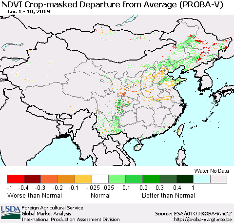 China, Mongolia and Taiwan NDVI Crop-masked Departure from Average (PROBA-V) Thematic Map For 1/1/2019 - 1/10/2019