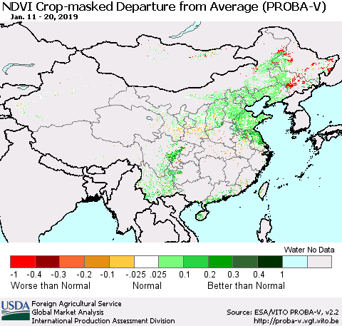 China, Mongolia and Taiwan NDVI Crop-masked Departure from Average (PROBA-V) Thematic Map For 1/11/2019 - 1/20/2019