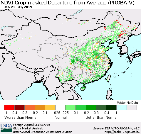 China, Mongolia and Taiwan NDVI Crop-masked Departure from Average (PROBA-V) Thematic Map For 1/21/2019 - 1/31/2019