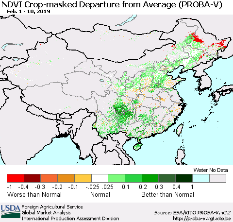 China, Mongolia and Taiwan NDVI Crop-masked Departure from Average (PROBA-V) Thematic Map For 2/1/2019 - 2/10/2019