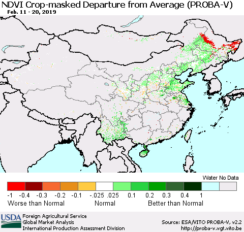 China, Mongolia and Taiwan NDVI Crop-masked Departure from Average (PROBA-V) Thematic Map For 2/11/2019 - 2/20/2019
