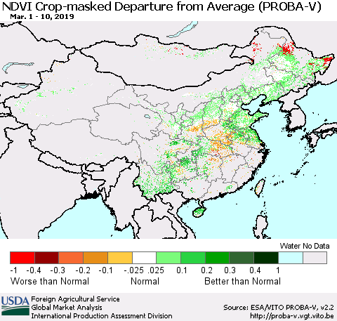 China, Mongolia and Taiwan NDVI Crop-masked Departure from Average (PROBA-V) Thematic Map For 3/1/2019 - 3/10/2019