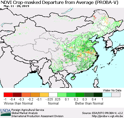 China, Mongolia and Taiwan NDVI Crop-masked Departure from Average (PROBA-V) Thematic Map For 3/11/2019 - 3/20/2019