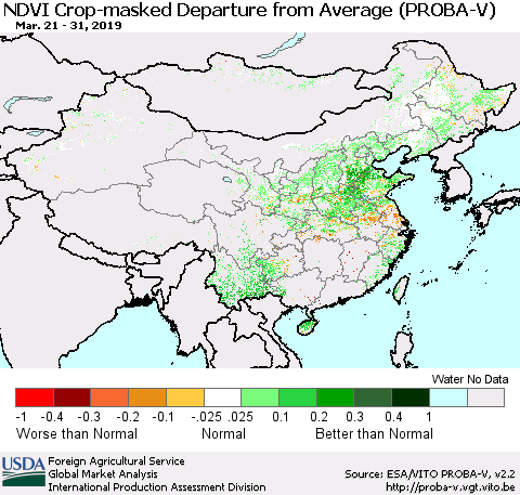 China, Mongolia and Taiwan NDVI Crop-masked Departure from Average (PROBA-V) Thematic Map For 3/21/2019 - 3/31/2019