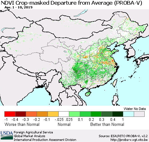 China, Mongolia and Taiwan NDVI Crop-masked Departure from Average (PROBA-V) Thematic Map For 4/1/2019 - 4/10/2019