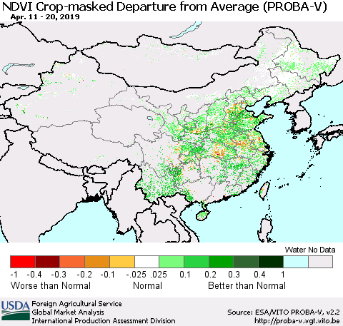 China, Mongolia and Taiwan NDVI Crop-masked Departure from Average (PROBA-V) Thematic Map For 4/11/2019 - 4/20/2019