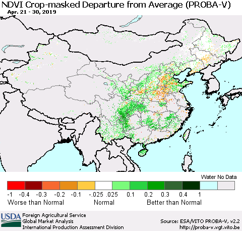 China, Mongolia and Taiwan NDVI Crop-masked Departure from Average (PROBA-V) Thematic Map For 4/21/2019 - 4/30/2019