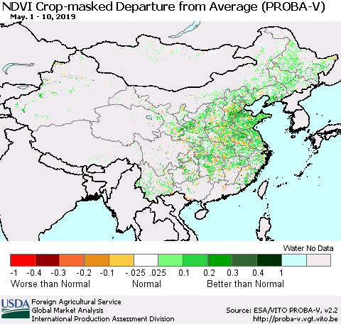China, Mongolia and Taiwan NDVI Crop-masked Departure from Average (PROBA-V) Thematic Map For 5/1/2019 - 5/10/2019