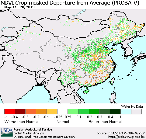 China, Mongolia and Taiwan NDVI Crop-masked Departure from Average (PROBA-V) Thematic Map For 5/11/2019 - 5/20/2019