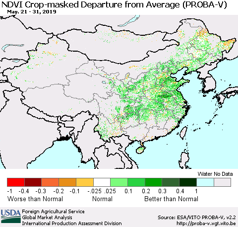 China, Mongolia and Taiwan NDVI Crop-masked Departure from Average (PROBA-V) Thematic Map For 5/21/2019 - 5/31/2019
