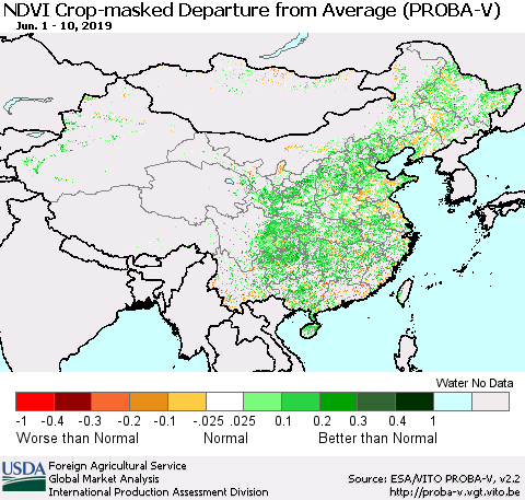 China, Mongolia and Taiwan NDVI Crop-masked Departure from Average (PROBA-V) Thematic Map For 6/1/2019 - 6/10/2019