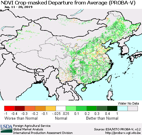 China, Mongolia and Taiwan NDVI Crop-masked Departure from Average (PROBA-V) Thematic Map For 6/11/2019 - 6/20/2019