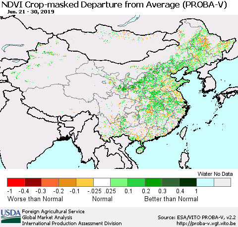 China, Mongolia and Taiwan NDVI Crop-masked Departure from Average (PROBA-V) Thematic Map For 6/21/2019 - 6/30/2019