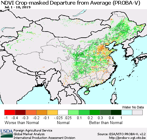 China, Mongolia and Taiwan NDVI Crop-masked Departure from Average (PROBA-V) Thematic Map For 7/1/2019 - 7/10/2019