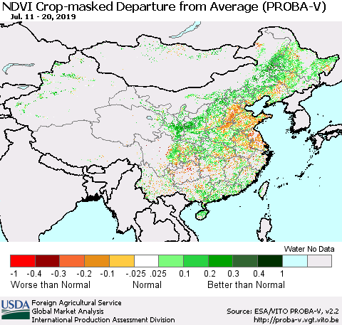 China, Mongolia and Taiwan NDVI Crop-masked Departure from Average (PROBA-V) Thematic Map For 7/11/2019 - 7/20/2019