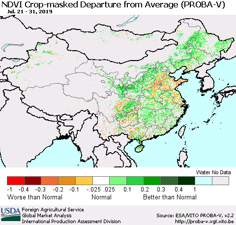 China, Mongolia and Taiwan NDVI Crop-masked Departure from Average (PROBA-V) Thematic Map For 7/21/2019 - 7/31/2019