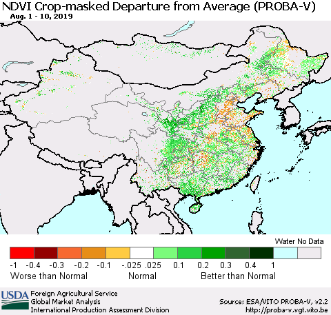 China, Mongolia and Taiwan NDVI Crop-masked Departure from Average (PROBA-V) Thematic Map For 8/1/2019 - 8/10/2019