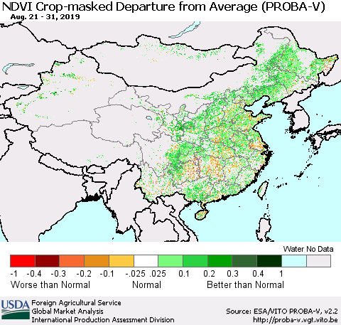 China, Mongolia and Taiwan NDVI Crop-masked Departure from Average (PROBA-V) Thematic Map For 8/21/2019 - 8/31/2019