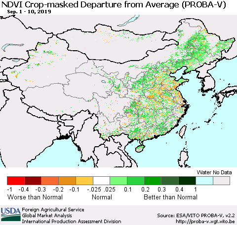 China, Mongolia and Taiwan NDVI Crop-masked Departure from Average (PROBA-V) Thematic Map For 9/1/2019 - 9/10/2019