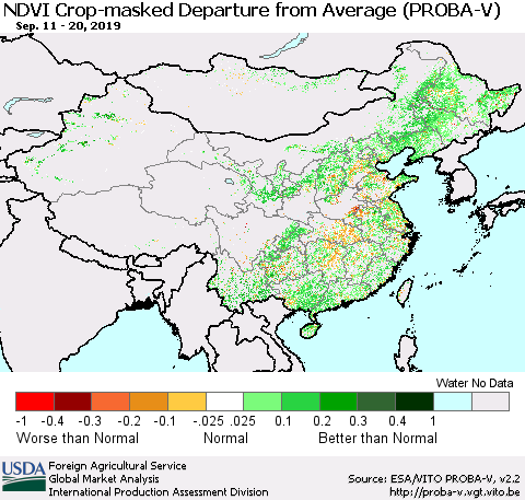 China, Mongolia and Taiwan NDVI Crop-masked Departure from Average (PROBA-V) Thematic Map For 9/11/2019 - 9/20/2019