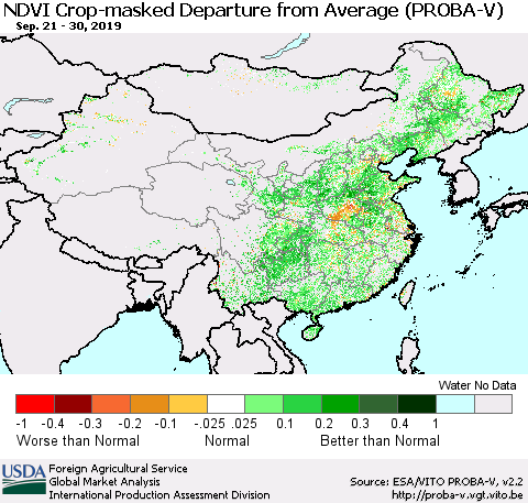 China, Mongolia and Taiwan NDVI Crop-masked Departure from Average (PROBA-V) Thematic Map For 9/21/2019 - 9/30/2019