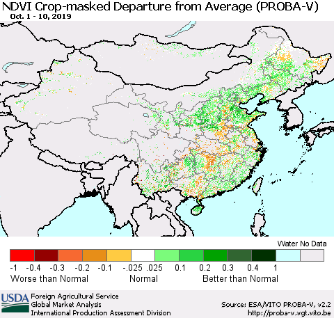 China, Mongolia and Taiwan NDVI Crop-masked Departure from Average (PROBA-V) Thematic Map For 10/1/2019 - 10/10/2019
