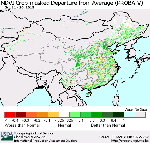 China, Mongolia and Taiwan NDVI Crop-masked Departure from Average (PROBA-V) Thematic Map For 10/11/2019 - 10/20/2019