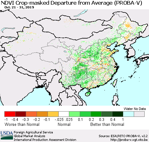 China, Mongolia and Taiwan NDVI Crop-masked Departure from Average (PROBA-V) Thematic Map For 10/21/2019 - 10/31/2019