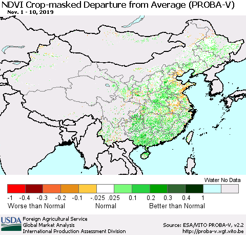 China, Mongolia and Taiwan NDVI Crop-masked Departure from Average (PROBA-V) Thematic Map For 11/1/2019 - 11/10/2019