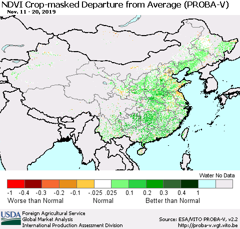 China, Mongolia and Taiwan NDVI Crop-masked Departure from Average (PROBA-V) Thematic Map For 11/11/2019 - 11/20/2019