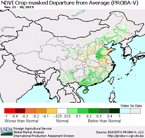 China, Mongolia and Taiwan NDVI Crop-masked Departure from Average (PROBA-V) Thematic Map For 11/21/2019 - 11/30/2019