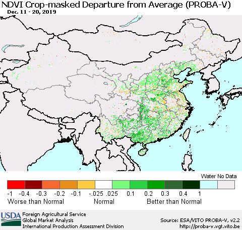 China, Mongolia and Taiwan NDVI Crop-masked Departure from Average (PROBA-V) Thematic Map For 12/11/2019 - 12/20/2019