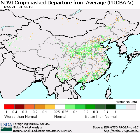 China, Mongolia and Taiwan NDVI Crop-masked Departure from Average (PROBA-V) Thematic Map For 12/21/2019 - 12/31/2019