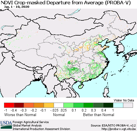 China, Mongolia and Taiwan NDVI Crop-masked Departure from Average (PROBA-V) Thematic Map For 1/1/2020 - 1/10/2020